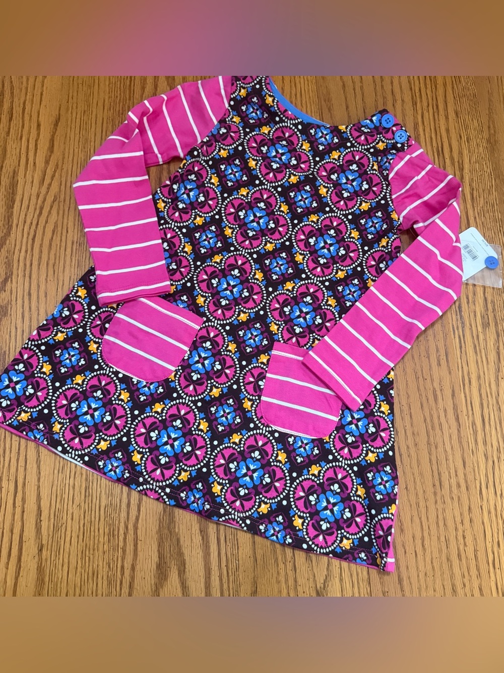 J. Khaki Pink Striped Sleeve Floral Mosaic Long Sleeve Top